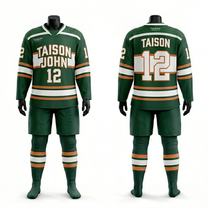 ชุดยูนิฟอร์มฮอกกี้น้ำแข็งผ้าโพลีเอสเตอร์ตาข่ายพรีเมียม 260 GSM สีน้ำเงินกรมท่า ขาว ทอง ลายเส้นเฉียง พร้อมโลโก้แบบซับลิเมชั่นสั่งทำพิเศษ - Product Image 4