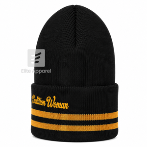Custom NCBW 100 Black <b>Women</b> Knit <b>Beanie</b> black and Gold Casual Style embroidered logo with stripes for female - Product Image 3