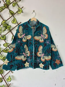 Premium Teal <b>Velvet</b> Suzani Embroidery <b>Jacket</b> With Butterfly Print Full Sleeve Stand Collar Boho Chic Women's Autumn Coat - Product Image 3