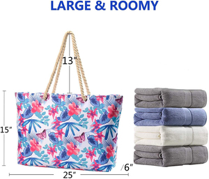 Tropical Floral Print <b>Canvas</b> Beach <b>Bag</b> Women <b>Large</b> Capacity Rope Handle Summer Holiday Tote <b>Bag</b> Custom Logo Shoulder <b>Bag</b> - Product Image 2