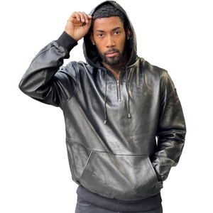 Custom Men's PU Leather Hooded Hoodie <b>Jacket</b> Windproof Oversized Lightweight Casual Streetwear OEM Factory Direct Wholesale - Product Image 1