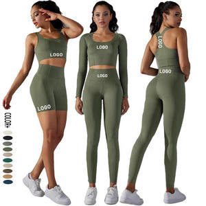 Ensemble de vêtements de sport sans couture pour hommes, option personnalisée sur le devant, soutien-gorge de sport, haut à manches longues, leggings taille haute, shorts, tenue d'entraînement 5 pièces - Product Image 1