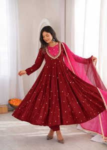 Conjunto de Vestido Anarkali Étnico para Mujer, Traje Anarkali Bordado de Manga Larga con Dupatta, Atuendo para Bodas y Fiestas - Product Image 1