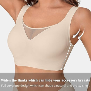 Women Seamless V-Neck Sports Bra With Sheer Panel Spaghetti Strap Medium Support Yoga <b>Top</b> Solid Color Beige - Product Image 3