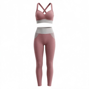 Women's Pink Yoga Set Racerback Sports Bra High Waist Full Length <b>Leggings</b> <b>Seamless</b> Spandex Nylon Breathable - Product Image 1