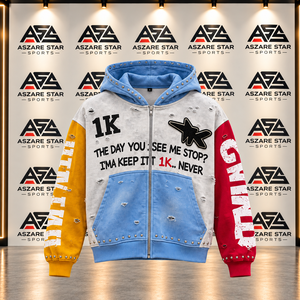 Sudadera con capucha de forro polar con cremallera, extragrande, con gráfico desgastado, 100% algodón, con bloques de color personalizados, estilo streetwear con tachuelas, lavado vintage, a la moda - Product Image 5