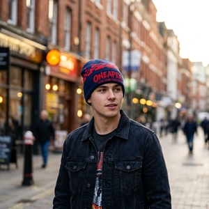 ONEAPEX SPORTS WEAR Custom <b>Navy</b> Red Knit Beanie <b>Hat</b> Embroidered Logo Waterproof 100% Acrylic Warm Winter Cuffed Streetwear - Product Image 4