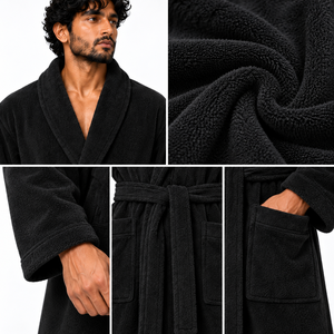 Peignoir Homme en Flanelle Noire 100% Coton à Col Châle, Manches Longues, Ceinture et Poches – Doux, Absorbant, Respirant, Séchage Rapide, Thermique, Idéal Spa et Maison - Product Image 6