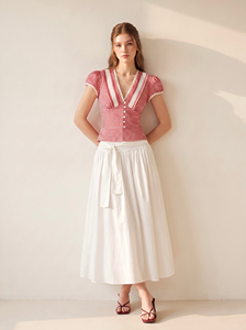 ODM OEM Women's <b>Red</b> <b>Gingham</b> V Neck Cap Sleeve Blouse Lace Inset Vintage Button Up Corset Peplum Top Casual Summer Shirt NOELLE - Product Image 2