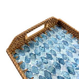 Plateau rectangulaire en MDF rustique vintage fait à la main, incrustation de capiz bleu, motif géométrique élégant en mosaïque, plateau de service décoratif pour la maison et la cuisine - Product Image 4