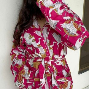 Bata Larga Estampada para Mujer, Estilo Boho, de Algodón Puro, Kimono de Verano, Estampado a Mano, Estilo Indio, para Playa, Cómoda - Product Image 5