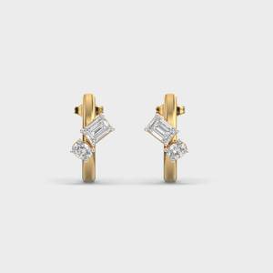 Minimalist Yellow Gold <b>Stud</b> Earrings With Emerald Cut Diamond And Round Diamond Claw Setting Earring For Women's Everyday Wear - Product Image 1