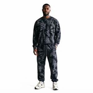 Conjunto de Sudadera y Pantalones Deportivos para Hombre, Color Negro y Gris, Estilo Tie Dye, Cuello Redondo, Dos Piezas, Ropa Deportiva Informal - Product Image 1