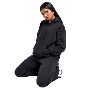 Chándal negro con capucha para mujer, manga larga, color sólido, corte holgado informal con bolsillos laterales, algodón de peso medio para mujer - Product Image 4
