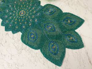 Handmade Oriental Fabric Table <b>Runner</b> <b>Green</b> Peacock Feather Design Irregular Shape Mats & Pads - Product Image 3