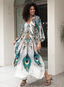 Robe longue maxi abaya à col en V, manches chauve-souris, coupe ample, imprimé paon, pour femme, plage, été, bohème, en polyester - Product Image 5