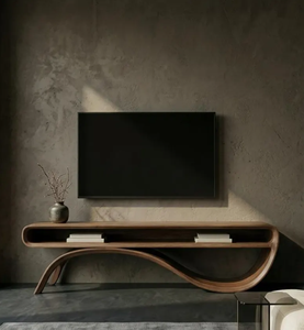 Mueble de TV de madera maciza curvada de lujo, consola con forma de onda única, mesa de almacenamiento multimedia con estantes abiertos, unidad moderna para sala de estar, venta al por mayor - Product Image 1