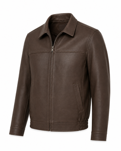 <b>Men</b>’s Classic <b>Brown</b> <b>Leather</b> <b>Jacket</b> with Shirt Collar, Front Zip, Side Pockets and Comfortable Regular Fit - Product Image 5