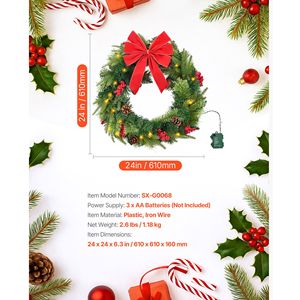 Ghirlanda Natalizia Artificiale Pre-Illuminata da 24 Pollici con 50 Luci LED, Pigne e Perline Rosse, Ghirlande e Corone Natalizie con Timer - Product Image 3