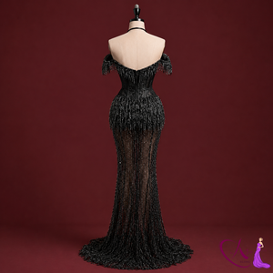 Vestido de noche negro con cuentas estilo sirena para mujer |   Vestido de fiesta largo hecho a mano con malla en el hombro |   Vestido de Diseñador con Cuello Halter para Ocasiones Formales - Product Image 2