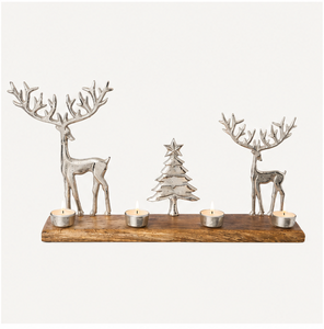 Portavelas de aluminio plateado de primera calidad con forma de reno y árbol de Navidad, con base de madera de mango natural para decoración festiva del hogar. - Product Image 2