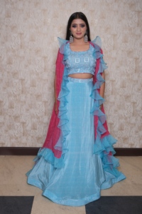 Élégant Lehenga Choli de soirée bleu en crêpe, coupe droite, avec volants, imprimé géométrique, longueur ras du sol, col licou, sans manches - Product Image 5