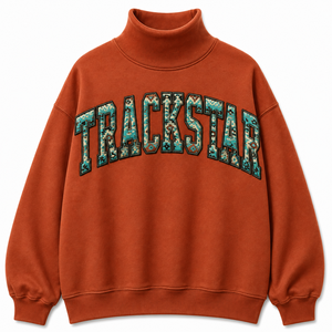 Sweat-shirt à col montant Trackstar orange rouille avec motif géométrique turquoise et lettres, pull à manches longues pour la vente en gros de vêtements - Product Image 1