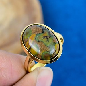 Bague en argent sterling 925 plaqué or 18 carats avec pierre précieuse ovale en jaspe fruité naturel fait main - Product Image 1