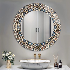 Persian Floral Print Handmade <b>Round</b> Decorative Wall <b>Mirror</b> with Bone Inlay From REHMAN CRAFT - Product Image 2