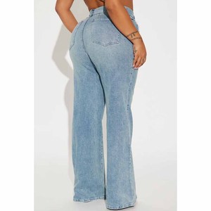 2026 New Design American Style Ladies <b>Stretch</b> Slimming Flare <b>Jeans</b> Light Blue Denim Trouser Pants - Product Image 6