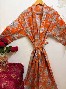 Albornoz Kimono de Algodón con Estampado Digital, Cuello en V, Cierre con Cordón, Transpirable, Ligero, para Mujer, Estampado Floral, para Playa - Product Image 2