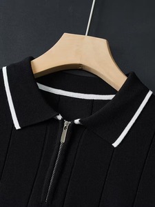 High Quality Men Solid <b>Zip</b> for Shirt Soft Ribbed Knit Short Sleeve Lightweight Breathable Casual Summer ODM - Product Image 3
