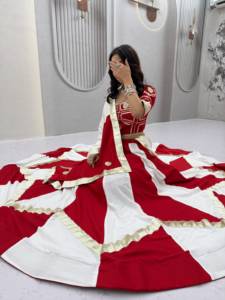 Indian Red <b>White</b> <b>Lehenga</b> Choli Set Floor-Length Cotton Women Wedding Wear Ethnic Pakistan Style Regular Fit for Womens - Product Image 5