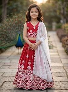 Shoryam Fashion Girls Red Embroidered Floor-Length Lehenga Choli Kids Indian Ethnic Wear All Seasons Regular Fit Wedding Party - Product Image 2