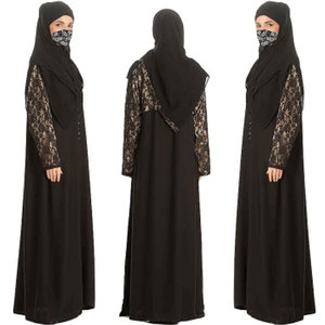 Abaya noire à manches longues et longueur ras du sol avec appliques en dentelle, robe modeste pour femme, tenue quotidienne, coupe ample, en polyester - Product Image 5