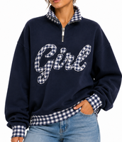 Hoodie Wanita Custom ODM Girl Factory dengan Kerah Mock Neck, Model Regular Set Oversized, Bordir Gingham Huruf Yunani