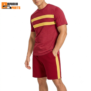 Conjunto de Verano de 2 Piezas para Hombre, Estilo Urbano, Personalizado, de Alta Calidad, Camiseta de Manga Corta a Rayas Rojas y Amarillas y Pantalones Cortos para Hombre - Product Image 1