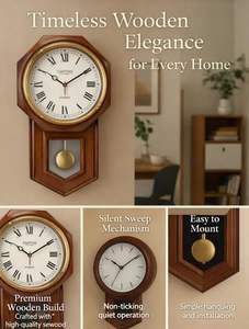 Horloge murale pendulaire ronde en bois moderne Calvin Handicrafts, style antique Smiths London, chiffres romains, marron - Product Image 5