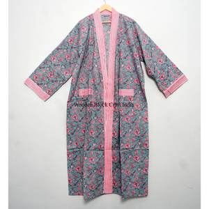 Peignoir Kimono pour femme, 100% coton, doux, imprimé numérique, col en V, longueur intégrale, manches longues, respirant, séchage rapide, été - Product Image 3