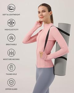 Women's Pink Full Sleeve Turtleneck <b>Zipper</b> Sportswear <b>Top</b> Breathable Spandex Polyester Solid Color Leisure Skinny Fit Pockets - Product Image 4