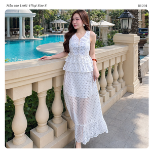 Vestido Maxi de Gasa con Botones y Estampado de Puntos Marrones para Mujer, Cuello en V, Sin Mangas, Cintura con Volantes, Estilo Casual para Playa o Vacaciones, Conjunto de Dos Piezas - Product Image 3