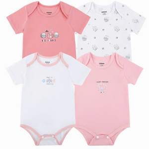 ALB21 Ensemble de 4 bodys unisexe pour bébé, motif dessin animé mignon, manches courtes, 95% bambou tricoté respirant, fermeture à bouton unique, col rond - Product Image 1