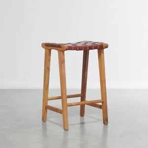 Modern Teak Wood Rectangle <b>Bar</b> <b>Stool</b> with Slat <b>Back</b> Durable Minimalist Design for Home <b>Bar</b> Furniture by Tacco - Product Image 2