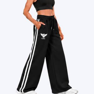 Womens <b>Black</b> Wide Leg Track Pants With <b>White</b> Side <b>Stripes</b> High Waist Drawstring Pockets Loose Fit Sportswear Casual Day <b>Trousers</b> - Product Image 4
