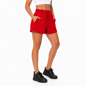 Shorts d'hiver pour femmes à taille haute en polaire épaisse avec cordon de serrage et poches latérales, personnalisables avec logo – Shorts de sport en polaire sur mesure - Product Image 3