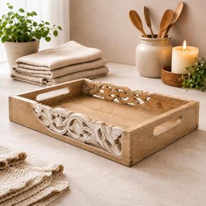 Plateau de service en bois sculpté à la main, art moderne floral, multifonctionnel, décoratif pour restaurants, traiteurs et usage domestique - Product Image 4