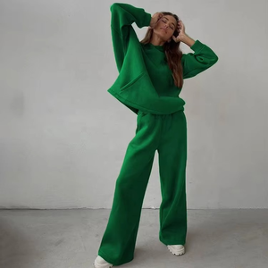 Women Tracksuit <b>Set</b> Hooded <b>Sweater</b> Wide Leg Pants Solid Color Casual Loose Fit Full Sleeve Autumn Wear 100 Cotton - Product Image 4