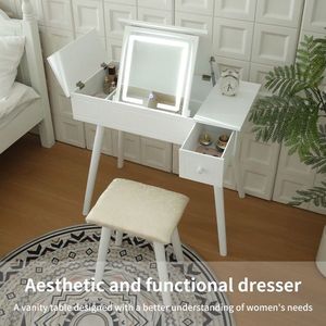 FCH LED <b>Mirror</b> <b>Vanity</b> <b>Table</b> Set Flip Top Makeup & Writing Desk with Cushioning Stool 2 Drawers for Dressing up - Product Image 3