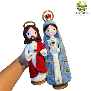 Muñeca de Ganchillo Virgen María Hecha a Mano, ECO GREEN, con Velo Azul y Corona Dorada, Figura Religiosa Católica Cristiana, Decoración Vietnamita - Product Image 3