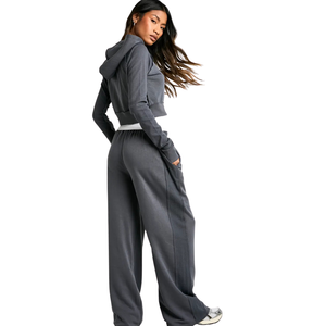 Women Cropped Quarter <b>Zip</b> Tracksuit Set High Neck Sweatshirt Wide Leg <b>Trousers</b> Contrast Hem Casual Two Piece Outfit Wholesale We - Product Image 2